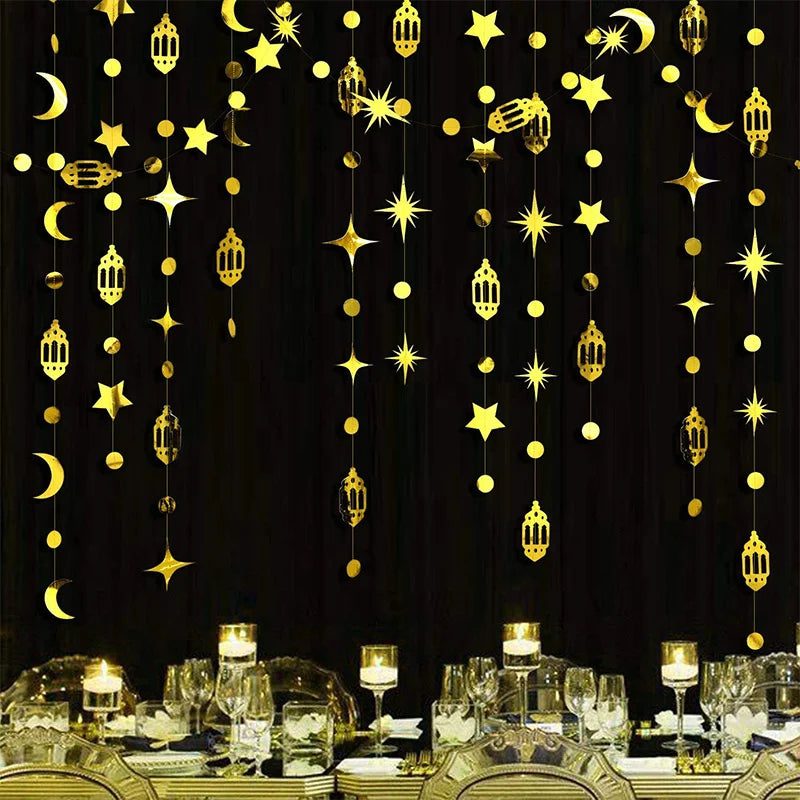 Gold Star Moon Circle Dot Crescent Lamp Eid Paper Garland Gold Mubarak Ramadan Streamer Backdrop Muslim Party Banner Decorations