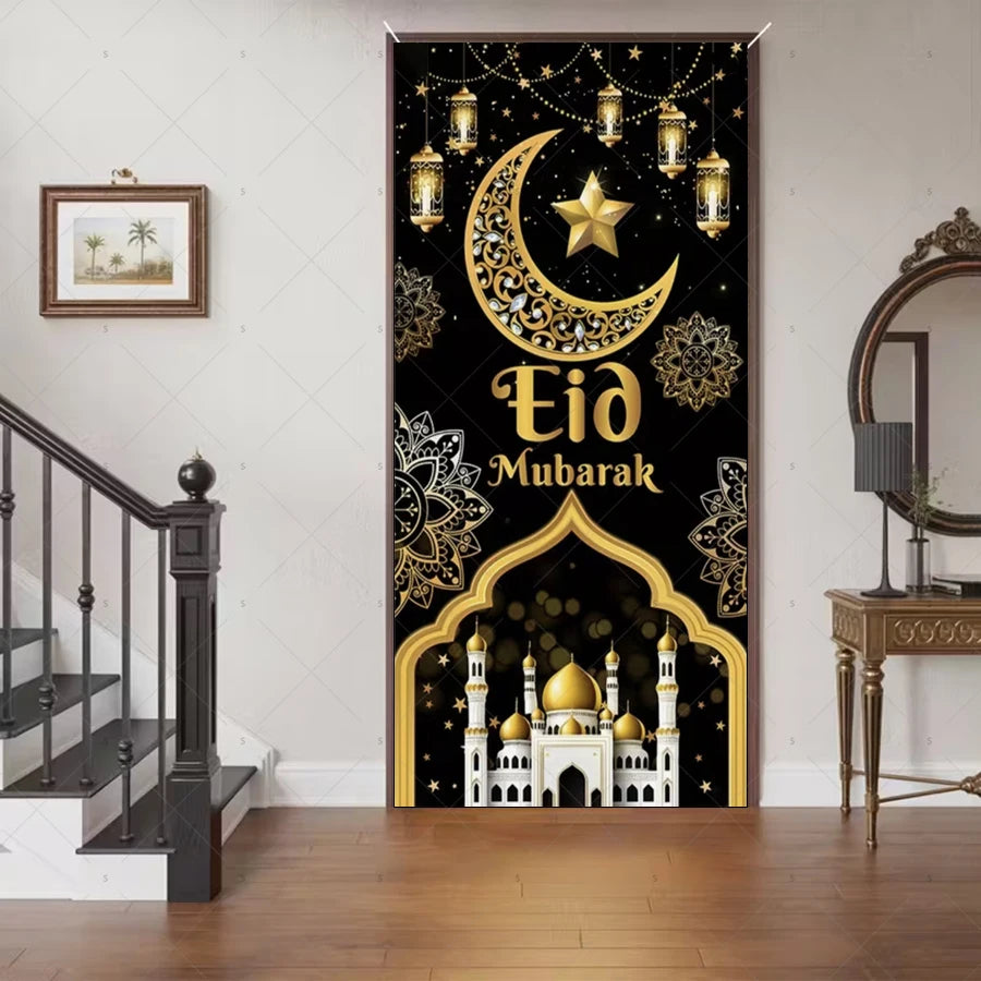 Ramadan Eid Door Cover Backdrop Supplies Moon Mosque Background Islamic Muslim Festival Theme Party Decoration Photography Props