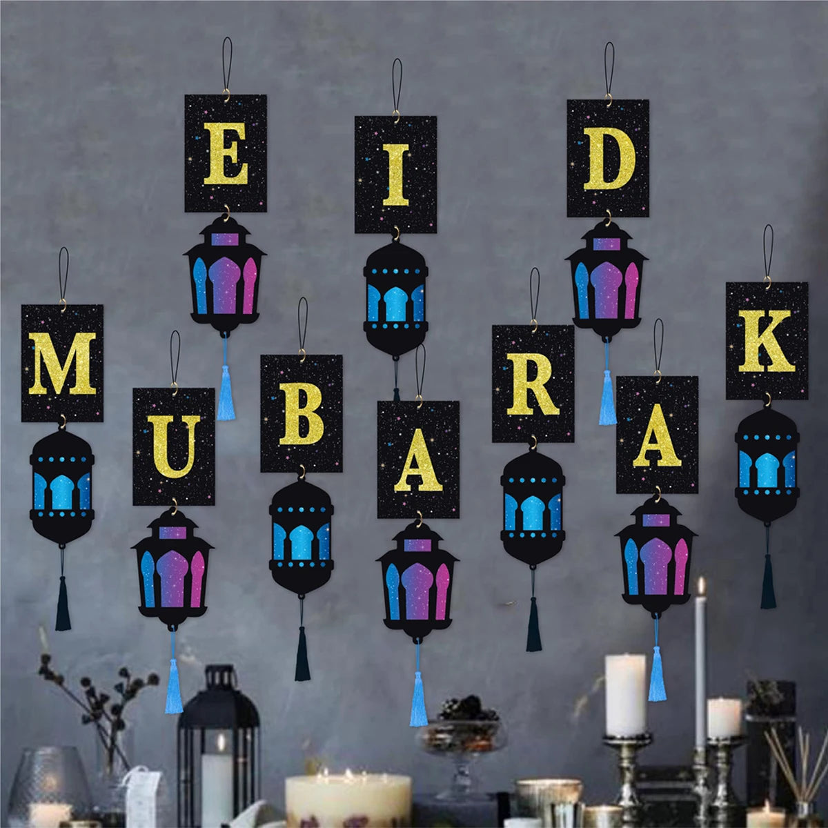 Eid Mubarak Banner with Lantern Tassels Ramadan Kareem Islamic Festival Party Decor Muslim Home Wall Hanging for Eid Adha Gifts