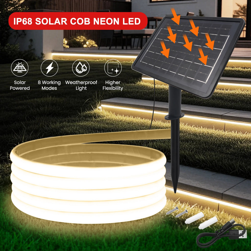 IP68 Waterproof Solar Powered COB Neon Strip 24V 320Leds 3000K 4000K 6000K Red/Green/Blue/Yellow Flexible Ribbon Rope LED Light