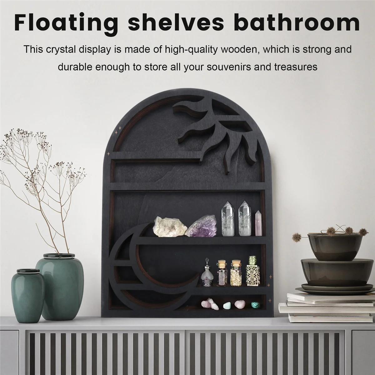 Wood Storage Shelf - Stylish and Practical Wall Shelf, Crescent Sun and Moon Crystal Shelf GSY