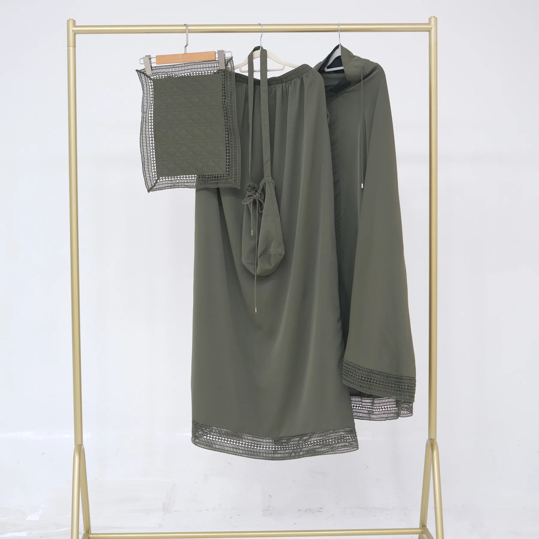 Muslim 4 Piece Set Women Skirts Headscarf Lace Storage Bag Prayer Pad Suit Eid Ramadan Morocco Dubai Hijab Long Skirt Outfits