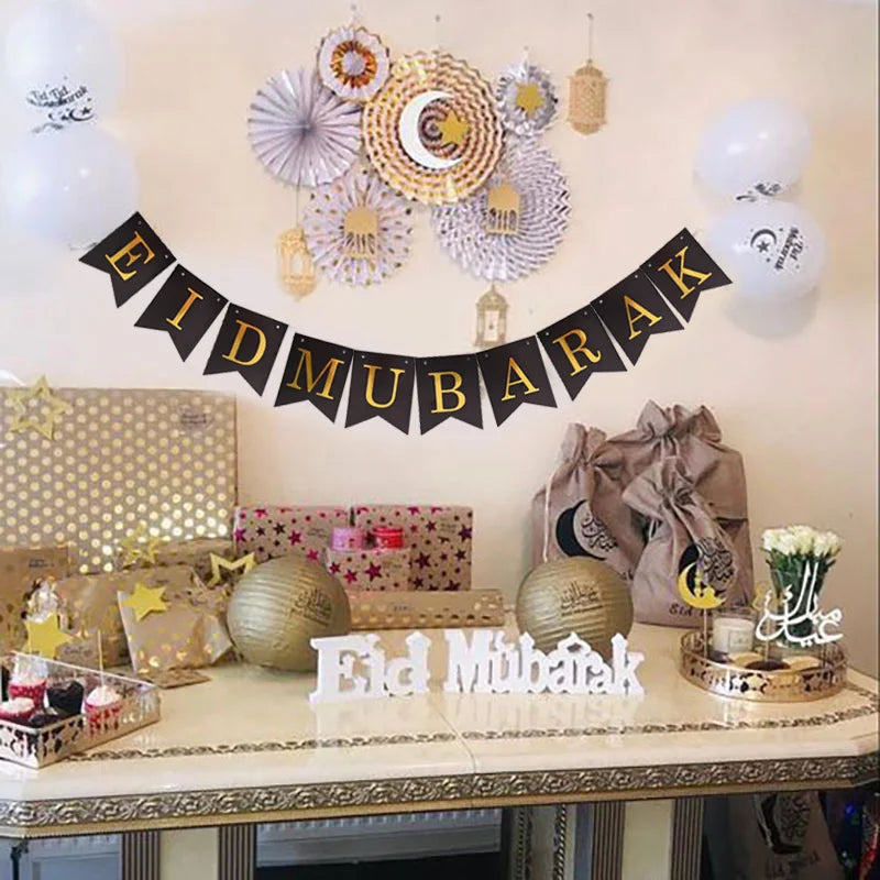 EID Mubarak Banner Glitter Star Moon Letter Paper Bunting Garland Islamic Muslim Party Ramadan Kareem Decorations for Home 2026