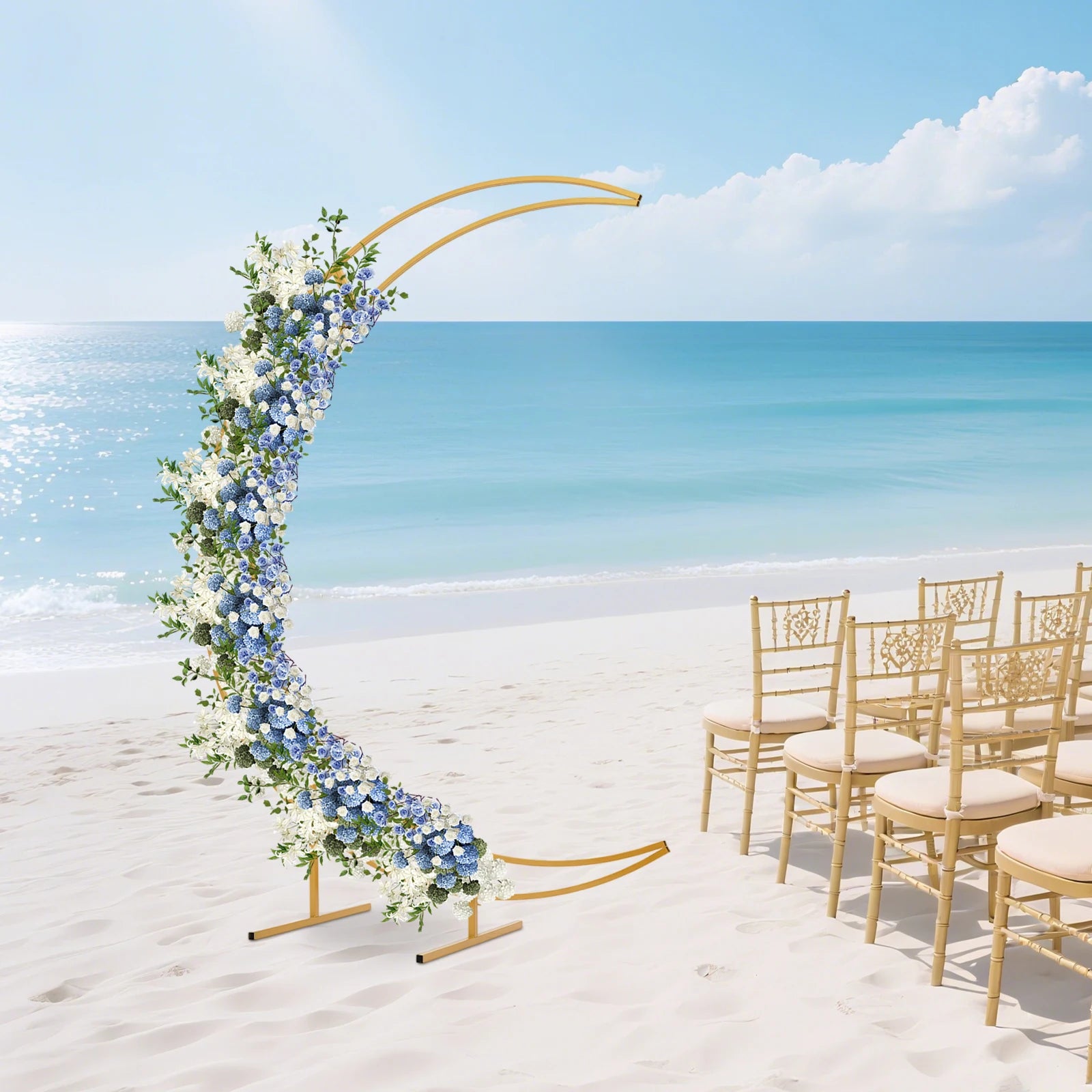 7ft Gold/White Metal Crescent Moon Wedding Arch Stand Curved Flower Balloon Frame 5kgLoad-bearing Capacity Plant Climbing Stand