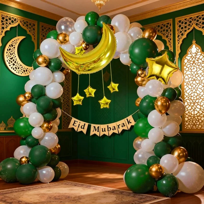 106Pcs Eid Mubarak Balloon Arch Kit, Dark Green Platinum Latex Balloons, with Moon Star Foil Balloon Decorations, for Ramadan Festival Party Decorations Eid Celebration Decorations
