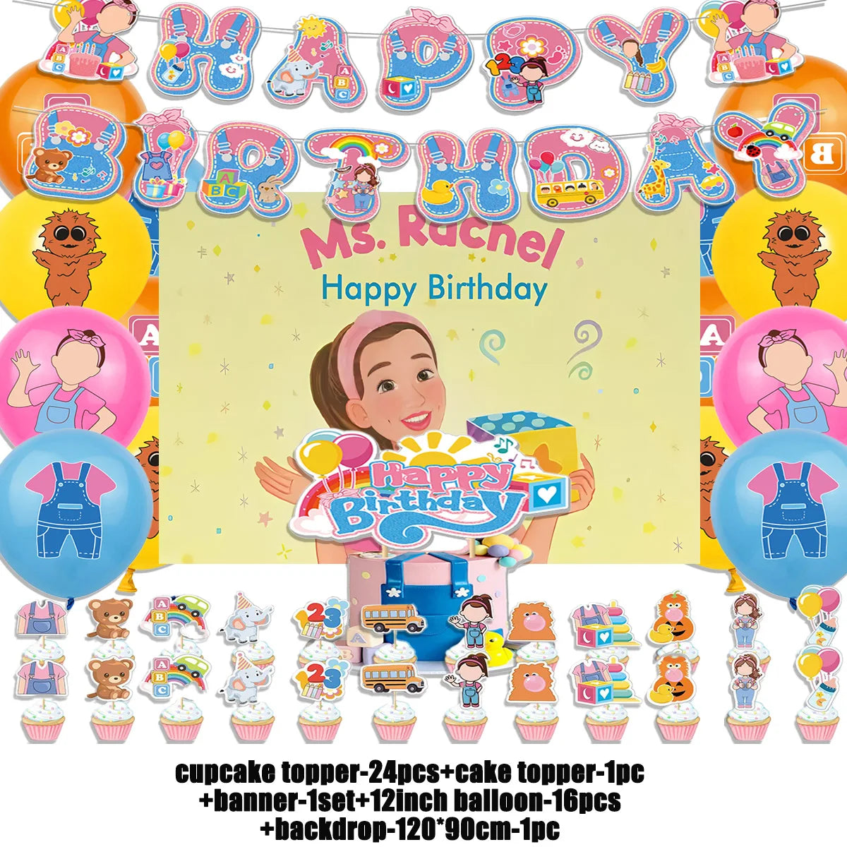 Cartoon English Teacher Theme Child Birthday Party Decor Ms&Racheled Balloon Banner Backdrops Cupcake Toppers for Kids Gifts