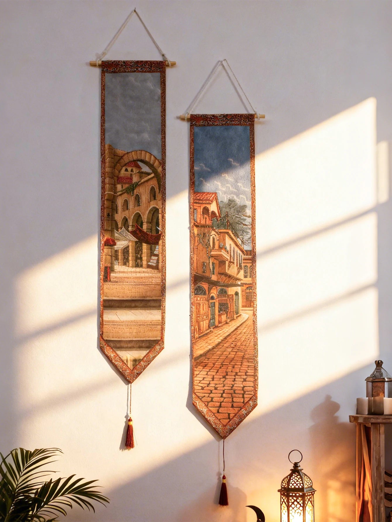 Ramadan Islamic Wall Hanging Tapestry Building Print Banner with Tassel Boho Home Decor for Living Room Bedroom Hanging Art Gift