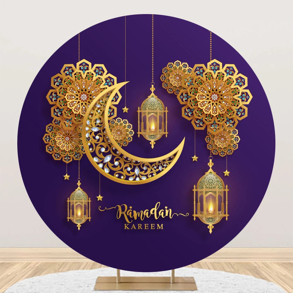 Eid al Fitr Mubarak Round Backdrop Cover Arab Ramadan Karim Golden Moon Star Cloud Lantern Party Decor Banner Photo Stall Props