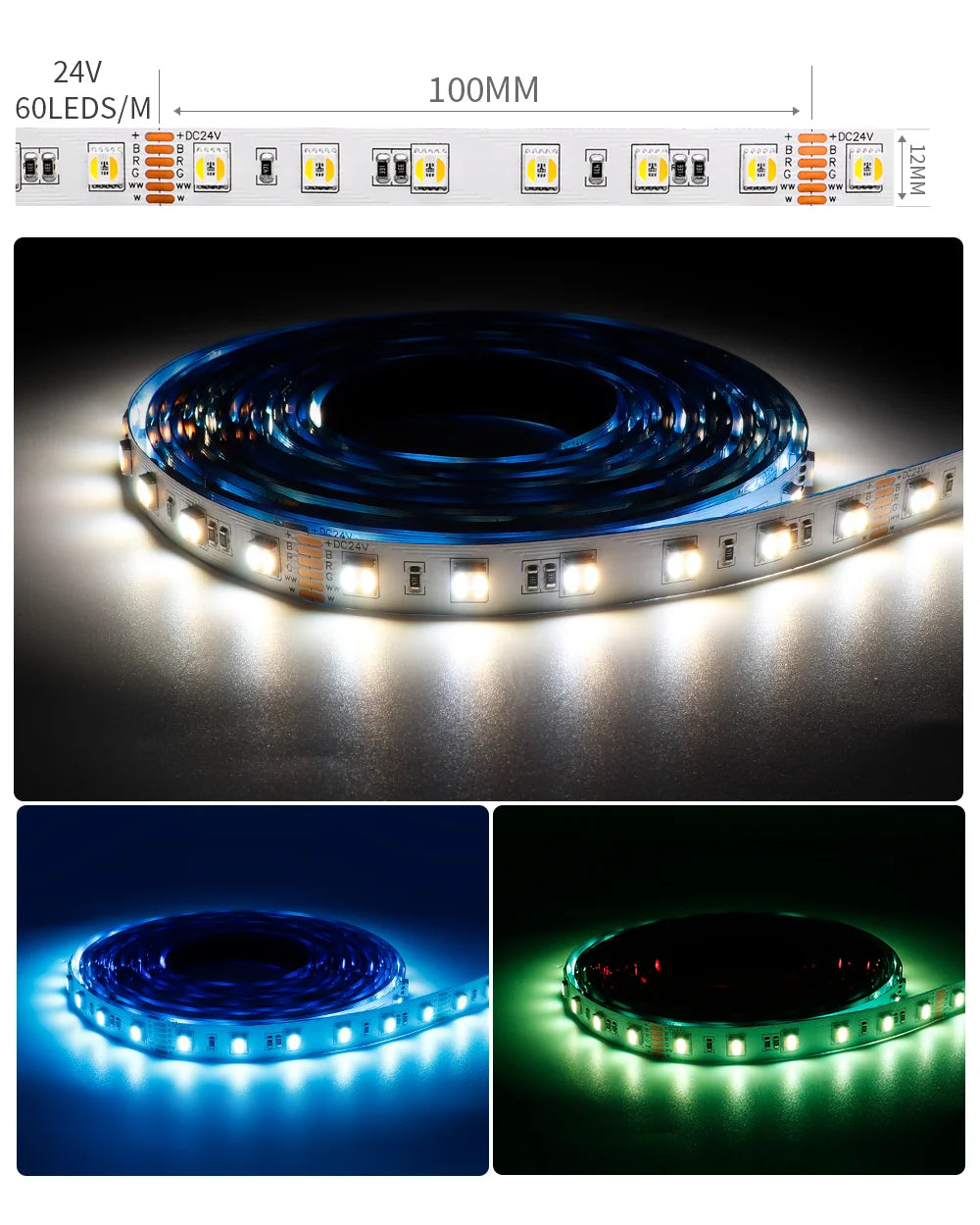 5m 5050 SMD RGBCCT 5 IN 1 LED Strip Light 60/96Leds/m RGB+CW/WW RGBWC Color Temperature High Brightness Lamp Tape DC12V/24V