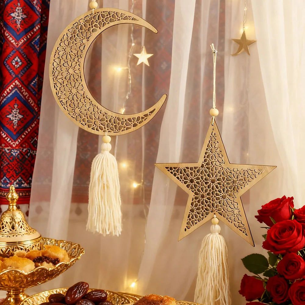 Ramadan Wooden Hanging Ornaments Moon and Star Hollow Mesh Wall Decor Islamic Eid Mubarak Muslim Decor?Ramadan Kareem Gift