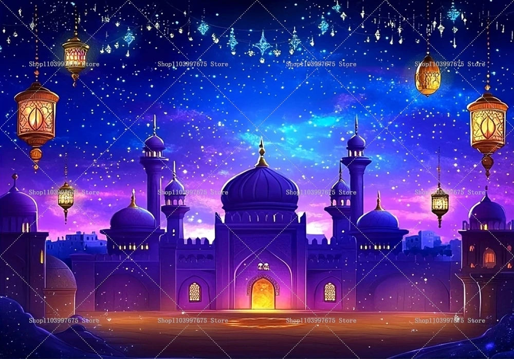 2D Arabian Starry Nights Islamic Palace Party Backdrops Eid Party Decorations Photography Background Banner Photo Booth Props