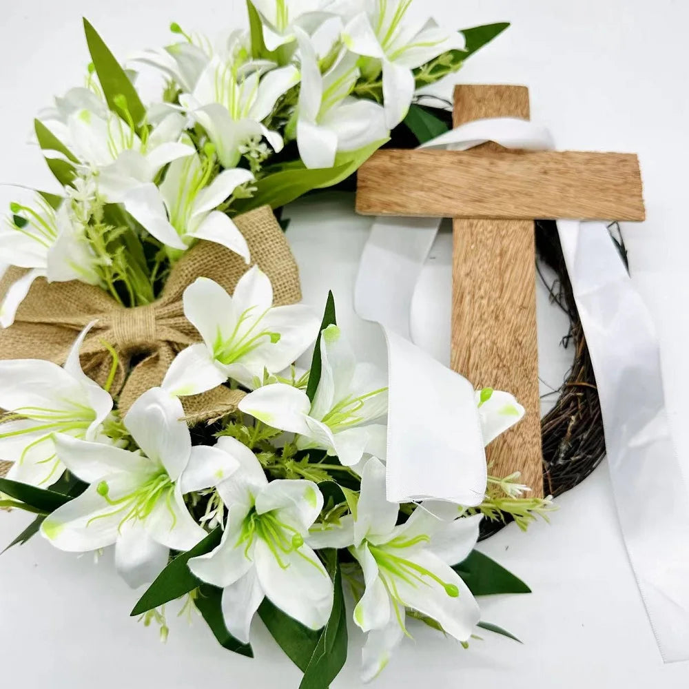 45cm Easter Cross Wreath Easter Wreath Imitation Plant Spring Wreath Door Hanging Decoration Flower Wreath Festival Home Garland