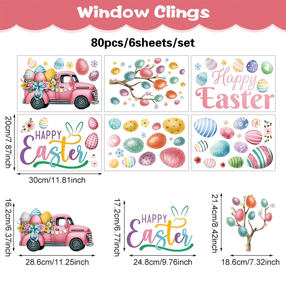 6 Sheets Happy Easter Decorations Window Clings Bunny Eggs No Glue Stickers Static Glass Decal Spring Party Home Decor Kids Gift