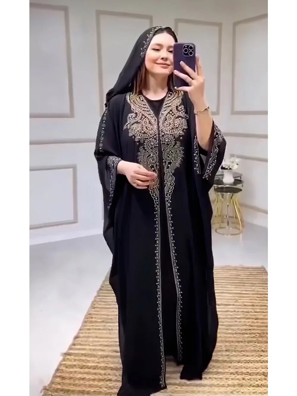 Eid Muslim Dress for Women – Hooded 2-Piece Diamond Jalabiya Kaftan