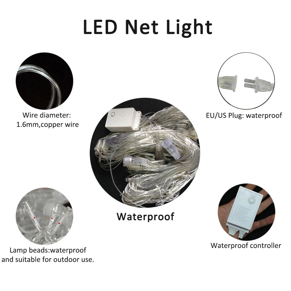 LED Net Curtain Light 110V 220V Fairy Lights Outdoor String Christmas Garlands Xmas Party Garden Wedding Decoration 3X2M 6X4M