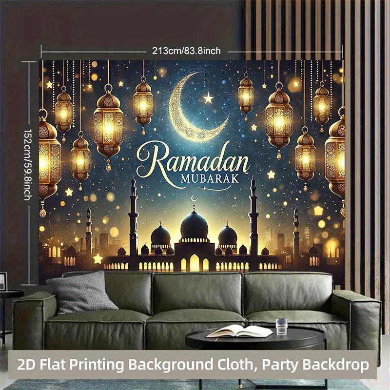 One 2D background cloth, Islamic Ramadan blessing light night scene background cloth, multi-functional polyester background