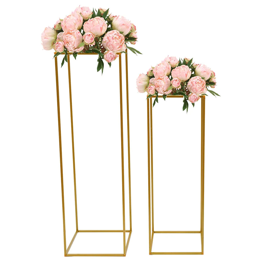 2Pcs Tabletop Flower Stands Metal Square Floral Decor Vase Floor Column Holder Gold Display Rack Road Guide for Wedding Party