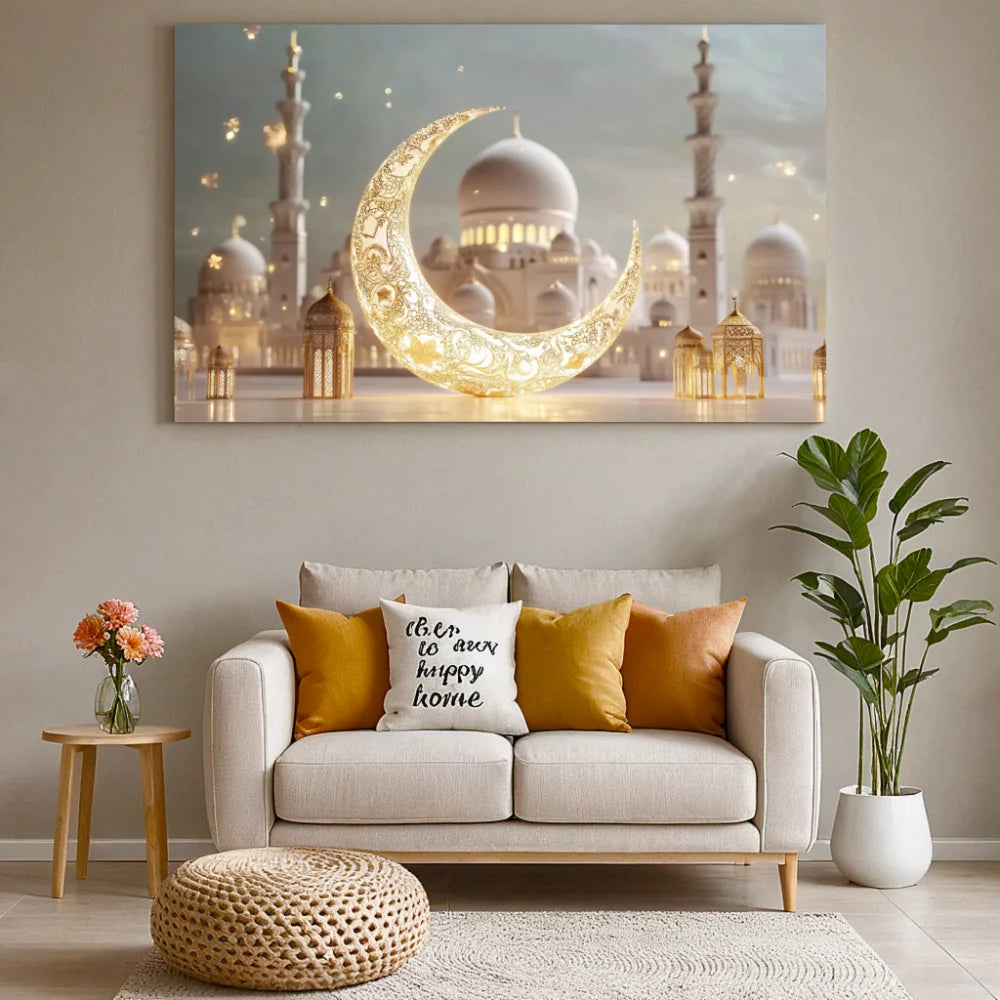 Golden Moon Eid Mubarak 2025 Decor Banner Background Lights Ramadan Kareem Islamic Building Muslim House Party Photo Backdrop