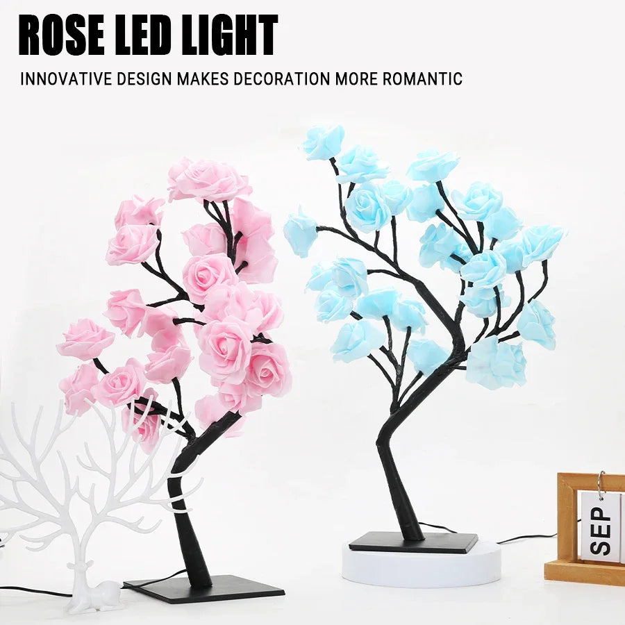 LED Rose Flower Tree Table Lamp USB Powered with Switch Warm White Fairy Night Light for Home Bedroom Wedding Xmas Party Decor