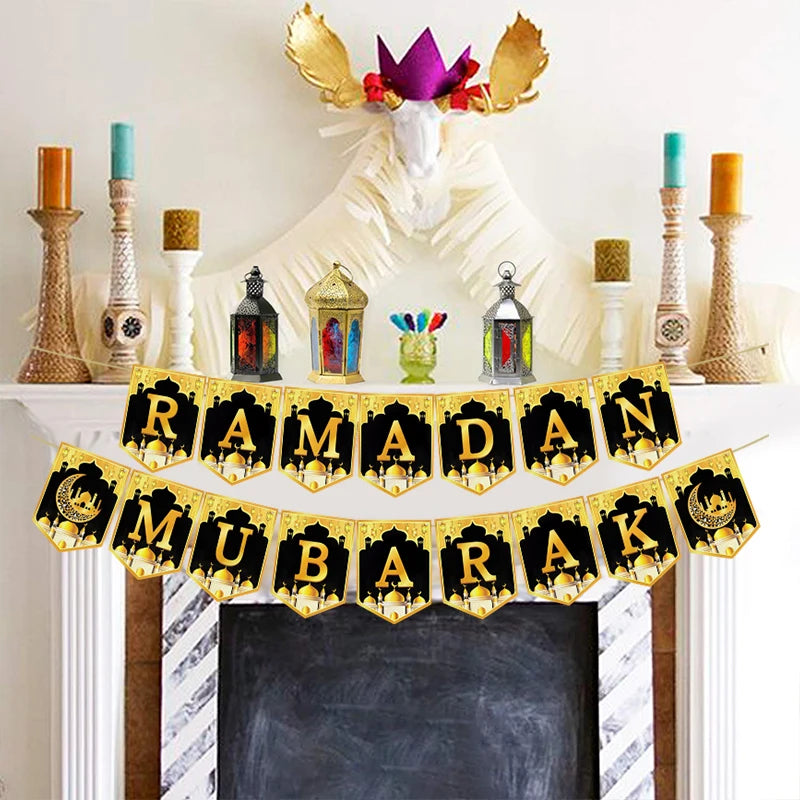 Eid Mubarak Paper Banner Garland 2026 Ramadan Moon Star Mosque Hanging Swirl Home Decoration Ornaments Islamic Muslim Party Gift