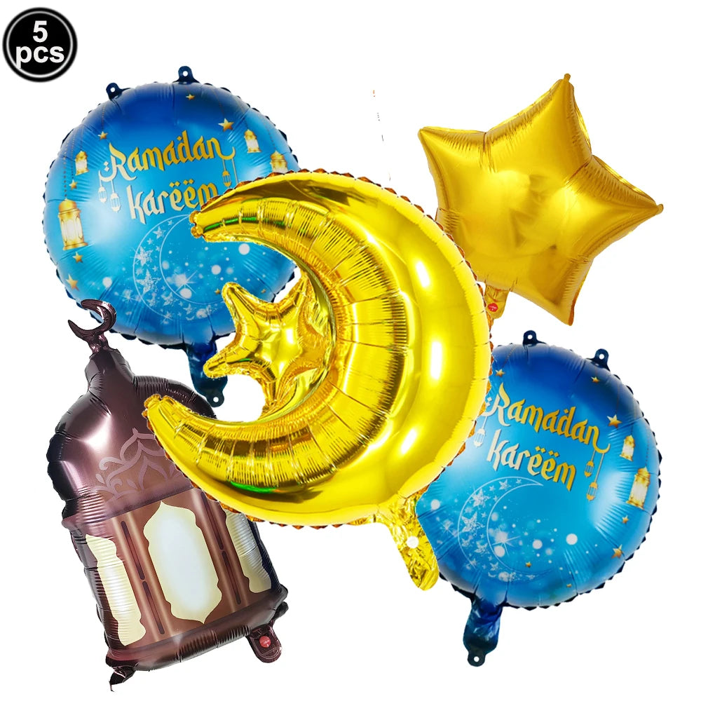 5pcs Eid Mubarak Balloons Decors Ramadan Lantern Moon Star Shape Moon Castle Pattern Foil Balloons Islamic Muslims Party Supplie