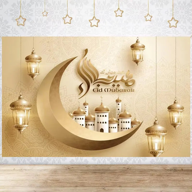 Happy EID Ramadan Festivals Mosque Moon Lantern Mubarak Poster Party Decoration Banner Photo Background Photography Prop Supply