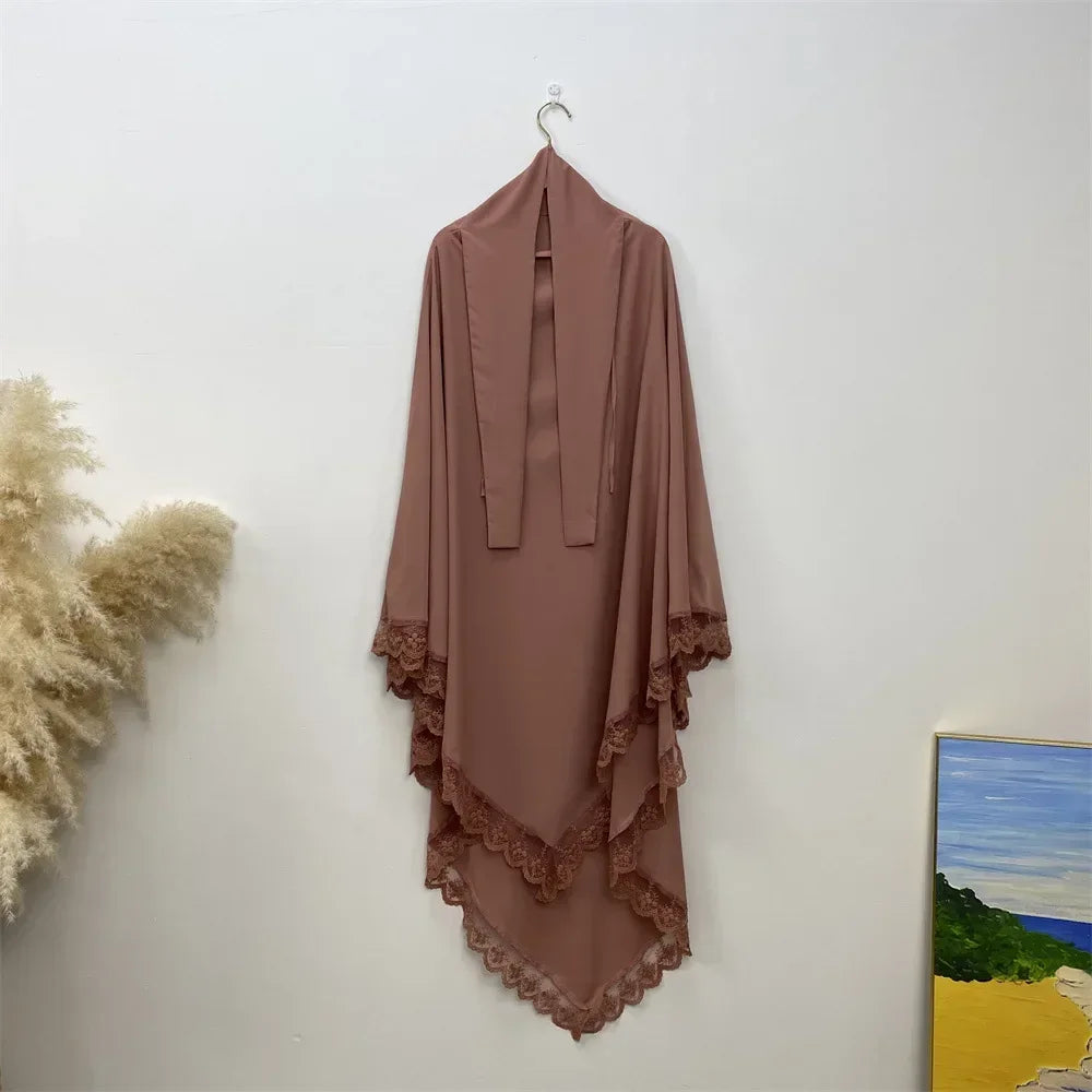 Eid Khimar Lace Long Khimar Hijab Scarf Muslim Modest Prayer Hijabs Islam Clothing Ramadan Djellaba Kebaya Jalabiya Headscarf