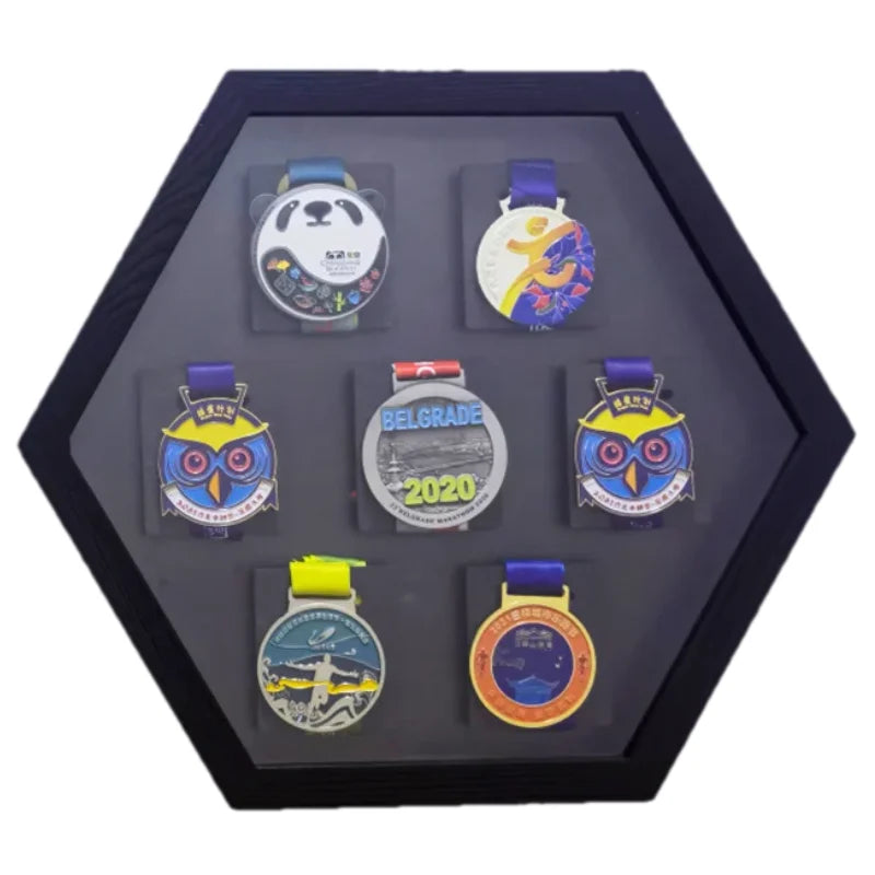 Wooden Hexagonal Medals Frames for Marathon, Display, Wall Mounted Picture for Sports, Football, Running, Swimming<