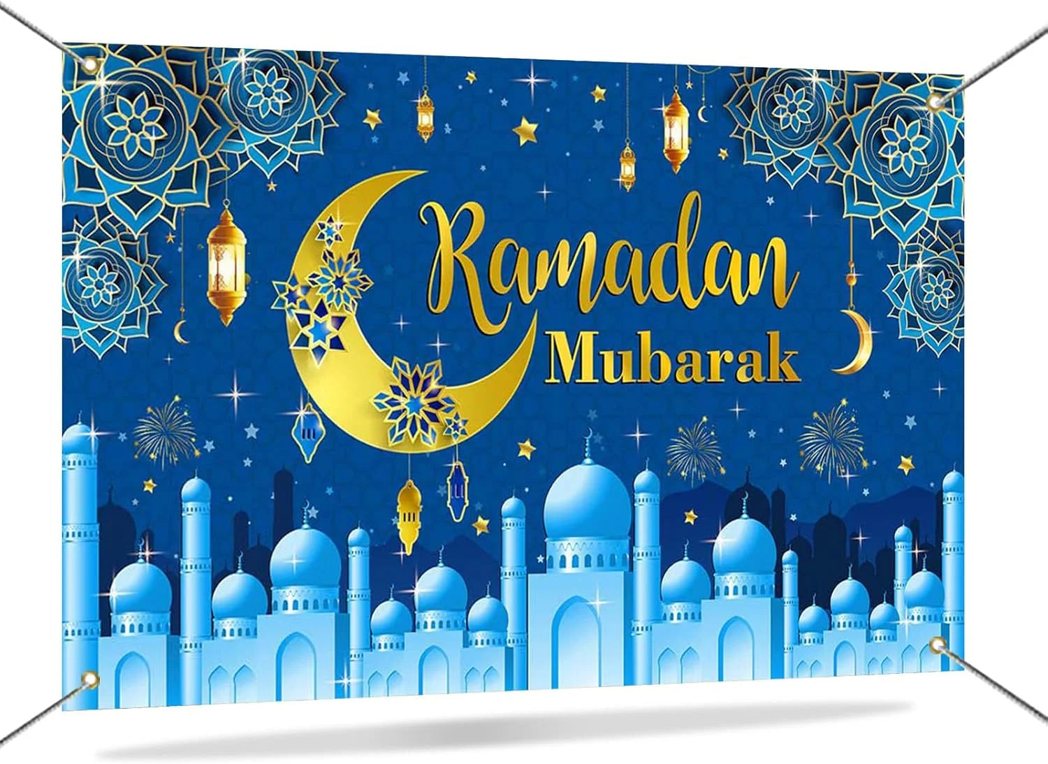 VIKAMA Ramadan Mubarak Decoration Background Banner Blue Eid al Fitr Decoration Family Muslim Ramadan Photo Booth Props