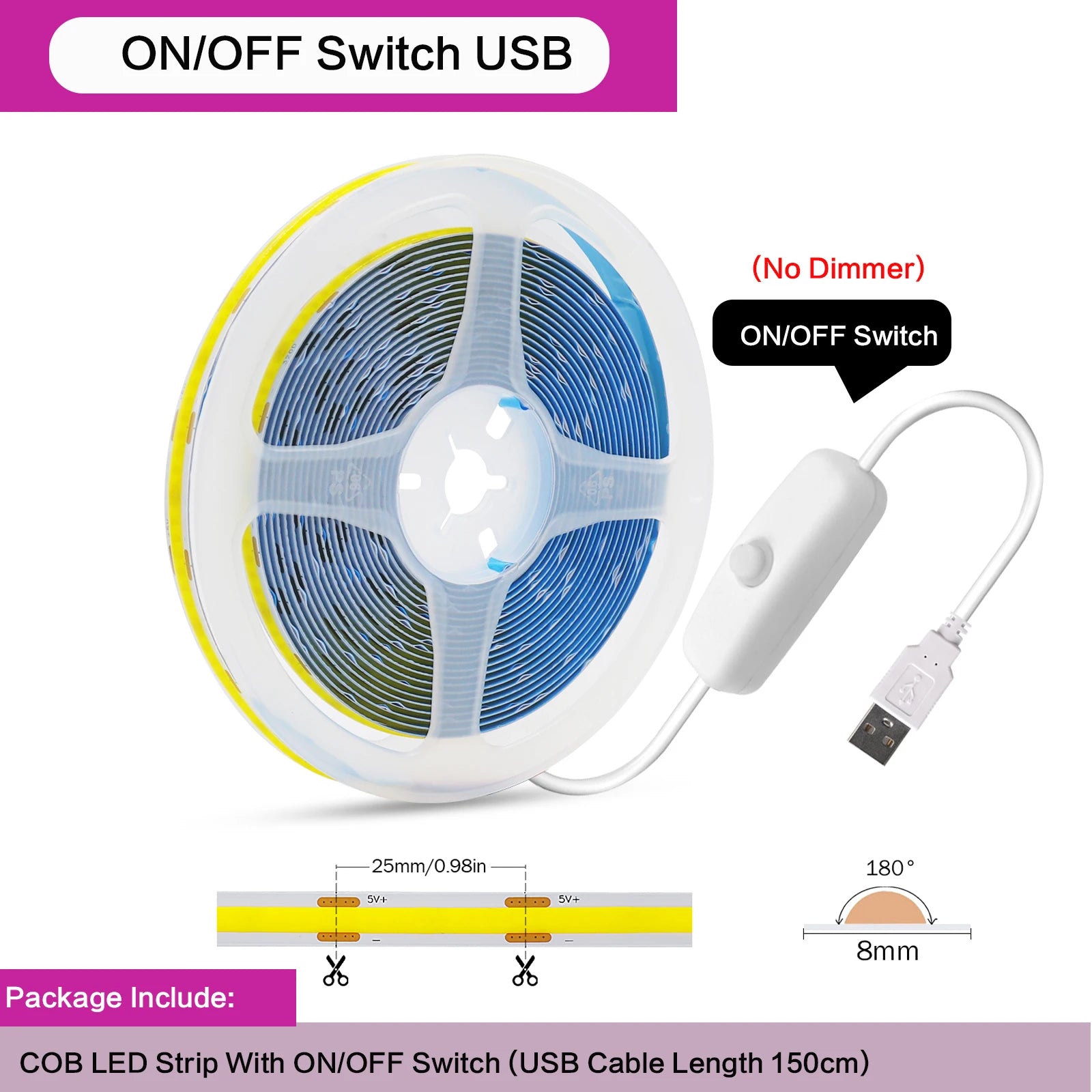 5V COB LED Light Strip With Touch Dimmer/ON OFF Switch/3Key Dimmer 320LEDs/M High Density LED Lamp Room Bar TV Backlight 9Colors