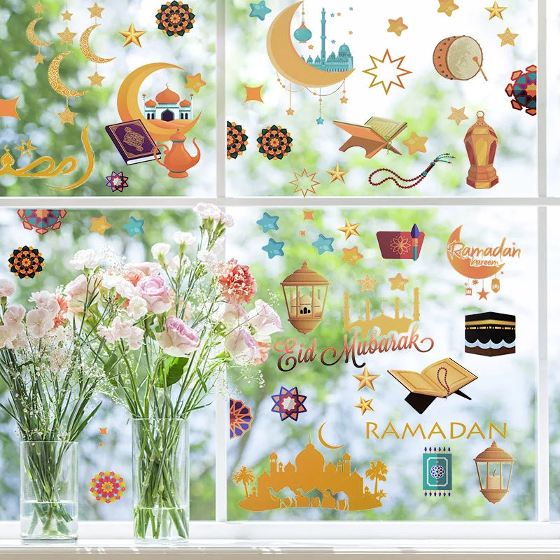 Eid Mubarak Ramadan Decorative Stickers 9pcs Islamic Patterns Self-Adhesive For Wall Window Gift Packaging Party Decor Supplies