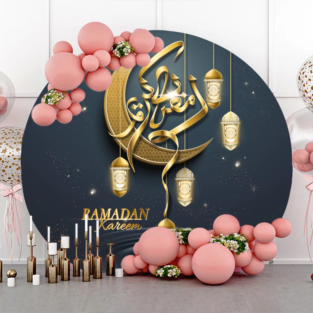 Eid al Fitr Mubarak Round Backdrop Cover Arab Ramadan Karim Golden Moon Star Cloud Lantern Party Decor Banner Photo Stall Props