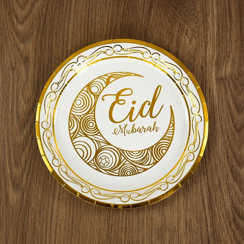 Eid Mubarak Party Tableware Set Gold Disposable Plate Cup Napkins Banner 2026 Islamic Muslim Supplies Ramadan Kareem Decorations