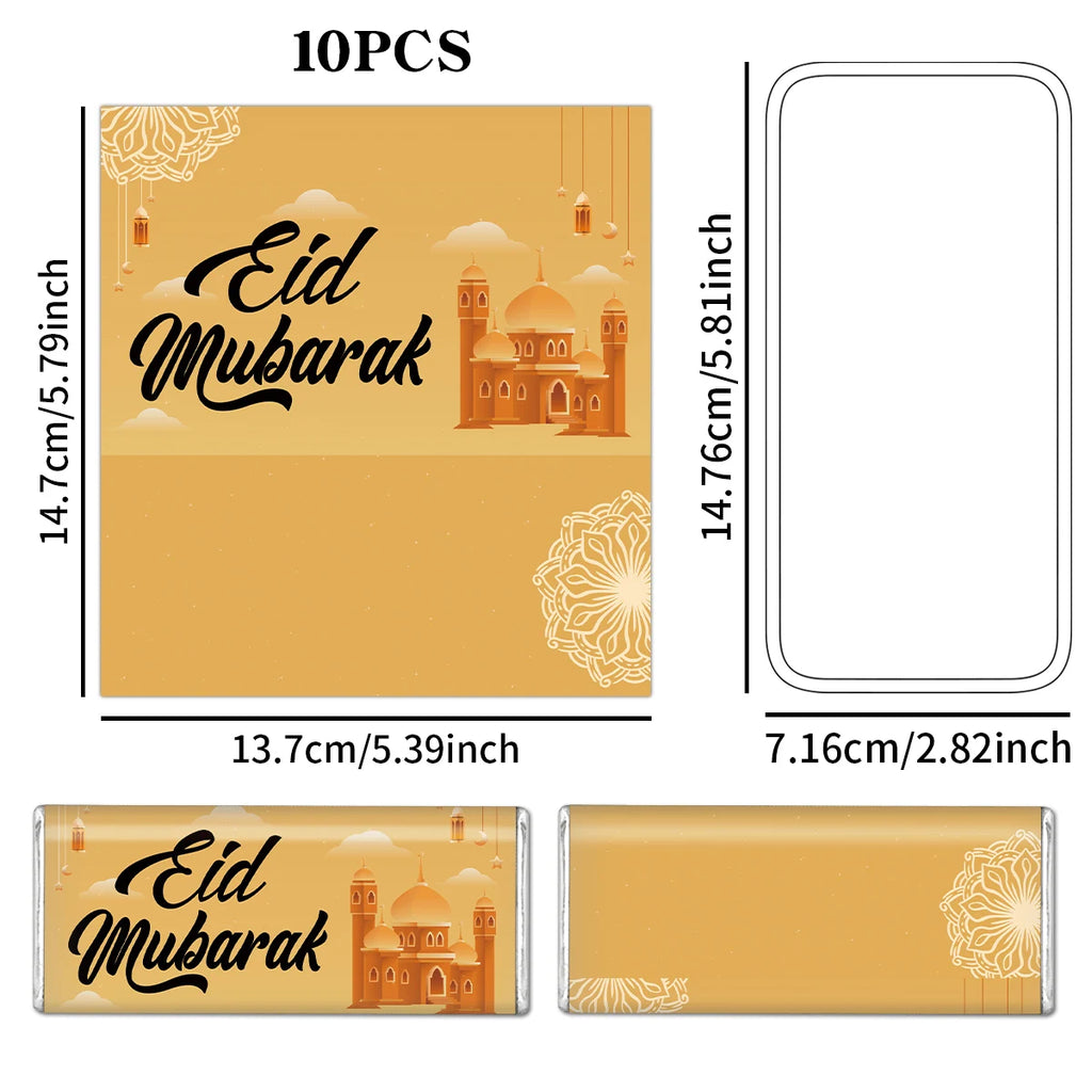 10pcs Eid Mubarak Chocolate Candy Stickers,Mosque&Lantern Crescent Design,Labels For Gift Wrap,Islamic Ramadan Greeting Supplies