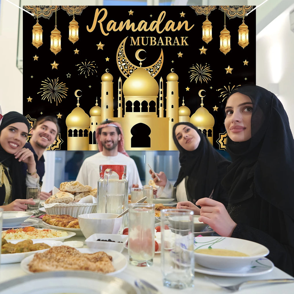 Ramadan Mubarak Backdrop Decoration Eid Background Banner, Kareem Decorative Wall Ramazan Poster, Muslim Black Gold Fabric Sign