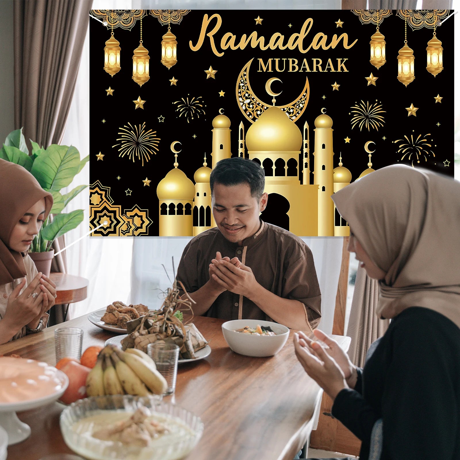 Ramadan Mubarak Backdrop Decoration Eid Background Banner, Kareem Decorative Wall Ramazan Poster, Muslim Black Gold Fabric Sign