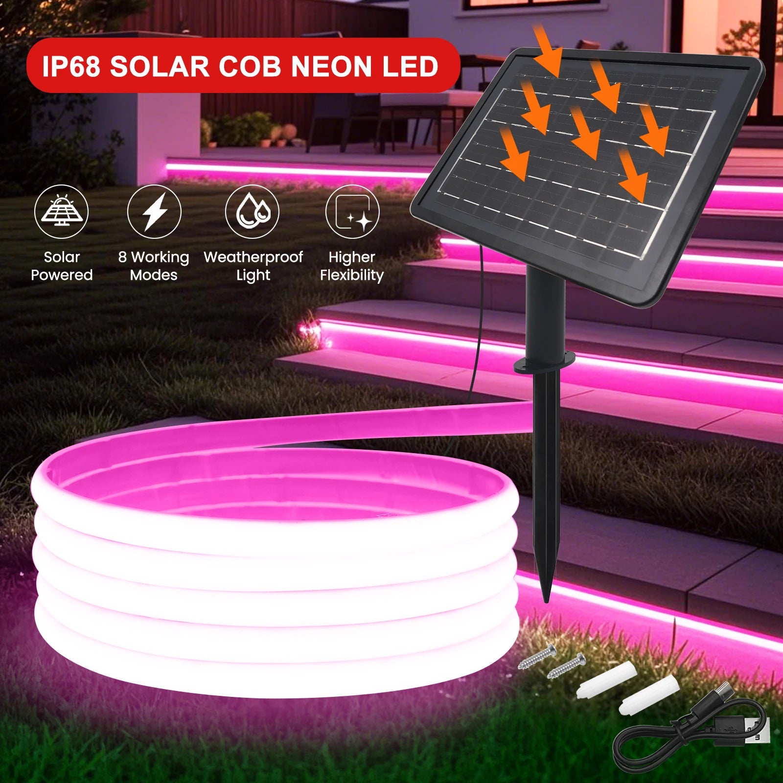 IP68 Waterproof Solar Powered COB Neon Strip 24V 320Leds 3000K 4000K 6000K Red/Green/Blue/Yellow Flexible Ribbon Rope LED Light