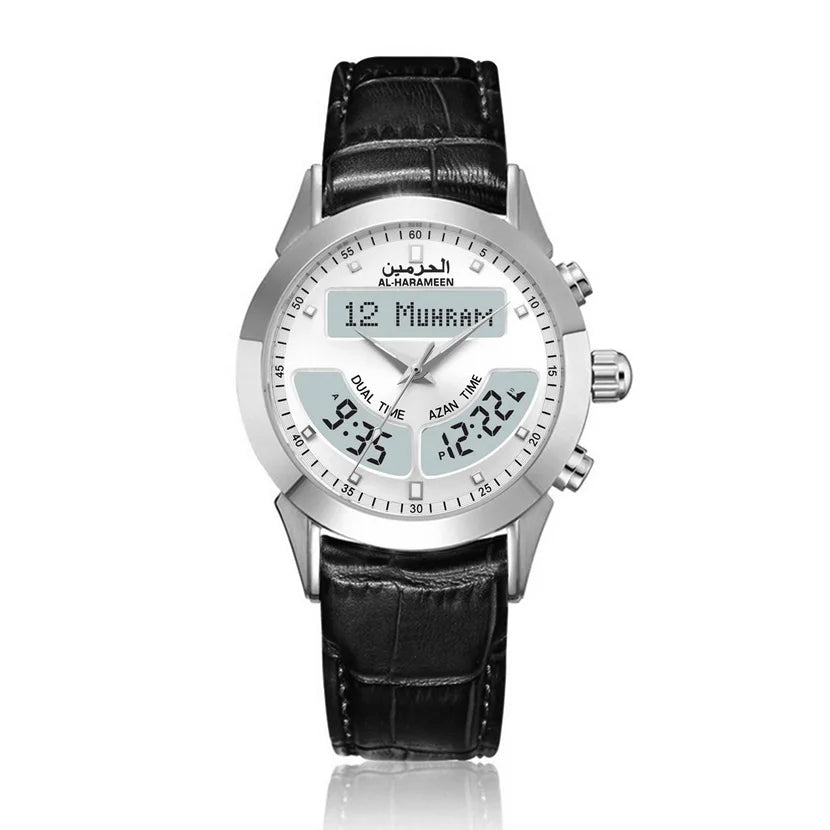 Muslim Watch with Alfajr Azan Time Iqamah Alarm for All Prayers English Arabic Language Saphire Genuine Leather Ramadan Gift