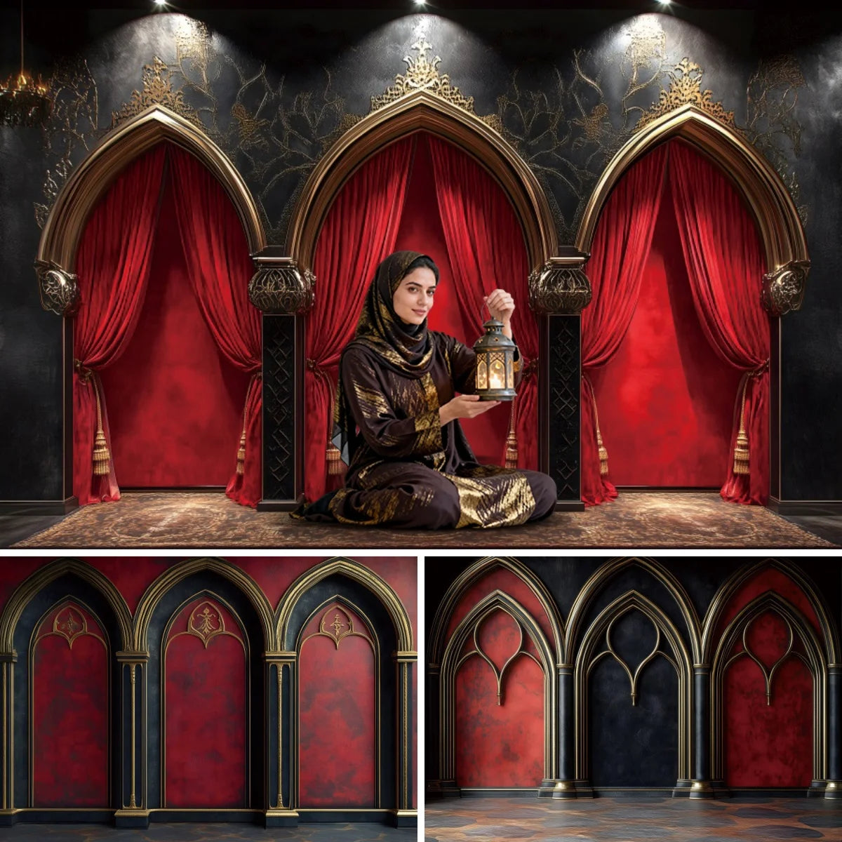 Medieval Palace Pillar Backdrop Retro Red Wall Pregnant Portrait Birthday Wedding Eid Mubarak Party Decoration Photo Background