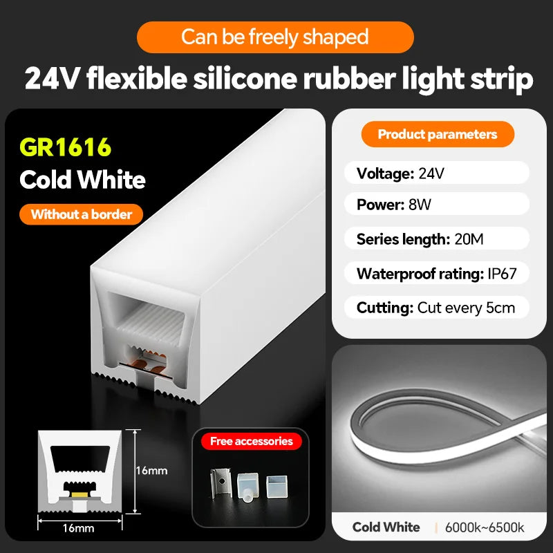 LED silicone light strip, linear light strip, embedded, 24V, waterproof, flexible, curved shape light
