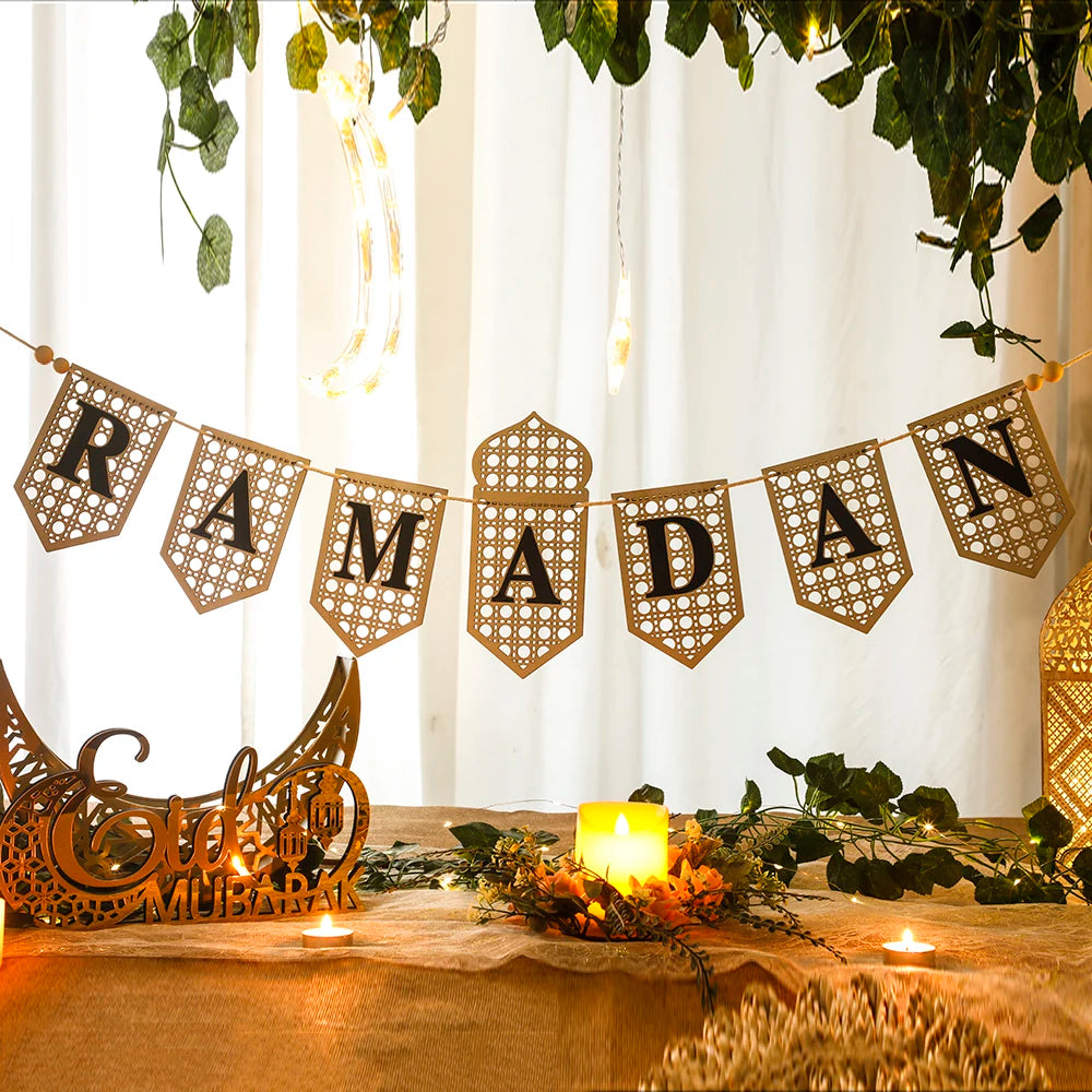 Ramadan Mubarak Banner Hollow Lantern Hanging Garland for Islamic Muslim Eid Festival Home Party Ornament Wall Decor Supplies