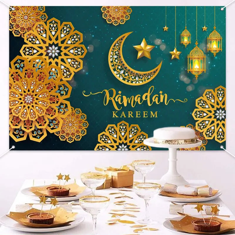 Ramadan Kareem Backdrop Photo Booth Background With Moon Star Castle Pattern Eid Mubarak Background for Backyard Al-fitr Gift