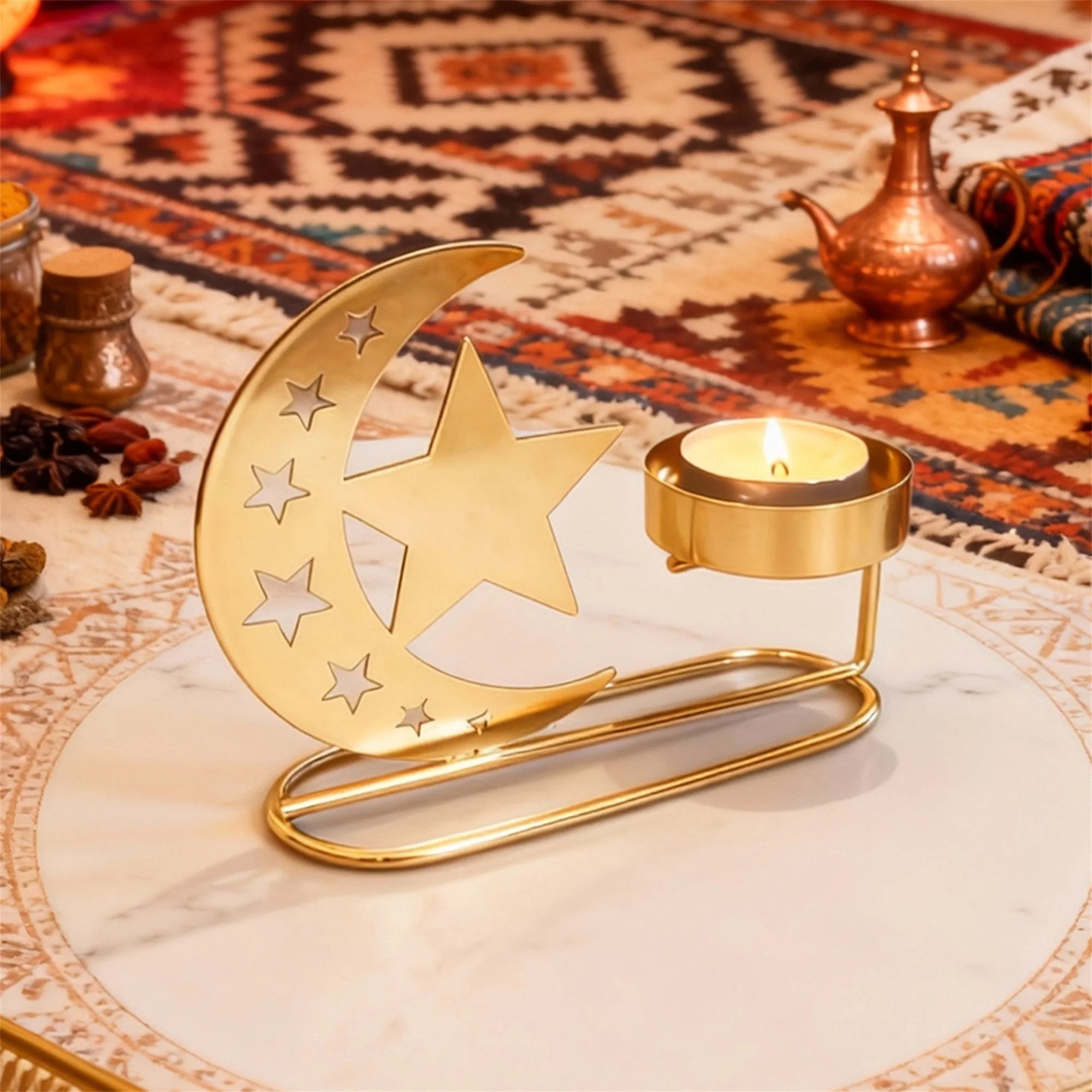 Elegant Ramadan Crescent Moon Candle Holders Set with Eid Mubarak Table Centerpiece for Home Decor and Festive Patio Display