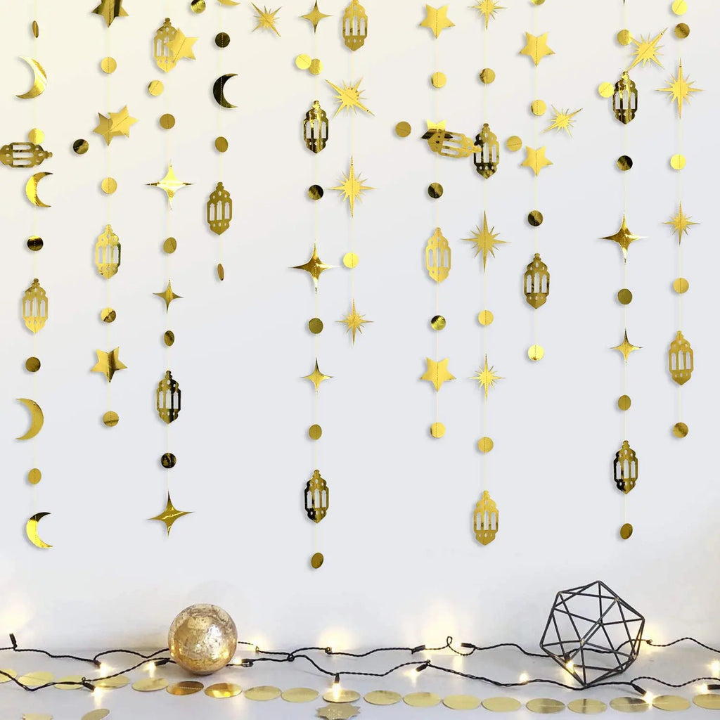 Gold Eid Mubarak Ramadan Decor Paper Star Moon Circle Dot Crescent Lamp Garland for Home Muslim Party Backdrop Banner Decoration