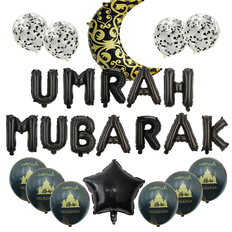 Black Gold Umrah Mubarak Latex Foil Balloon Eid Mubarak Islamic Muslim Ramadan Kareem Festival Party  Eid al Adha Decor Supplies