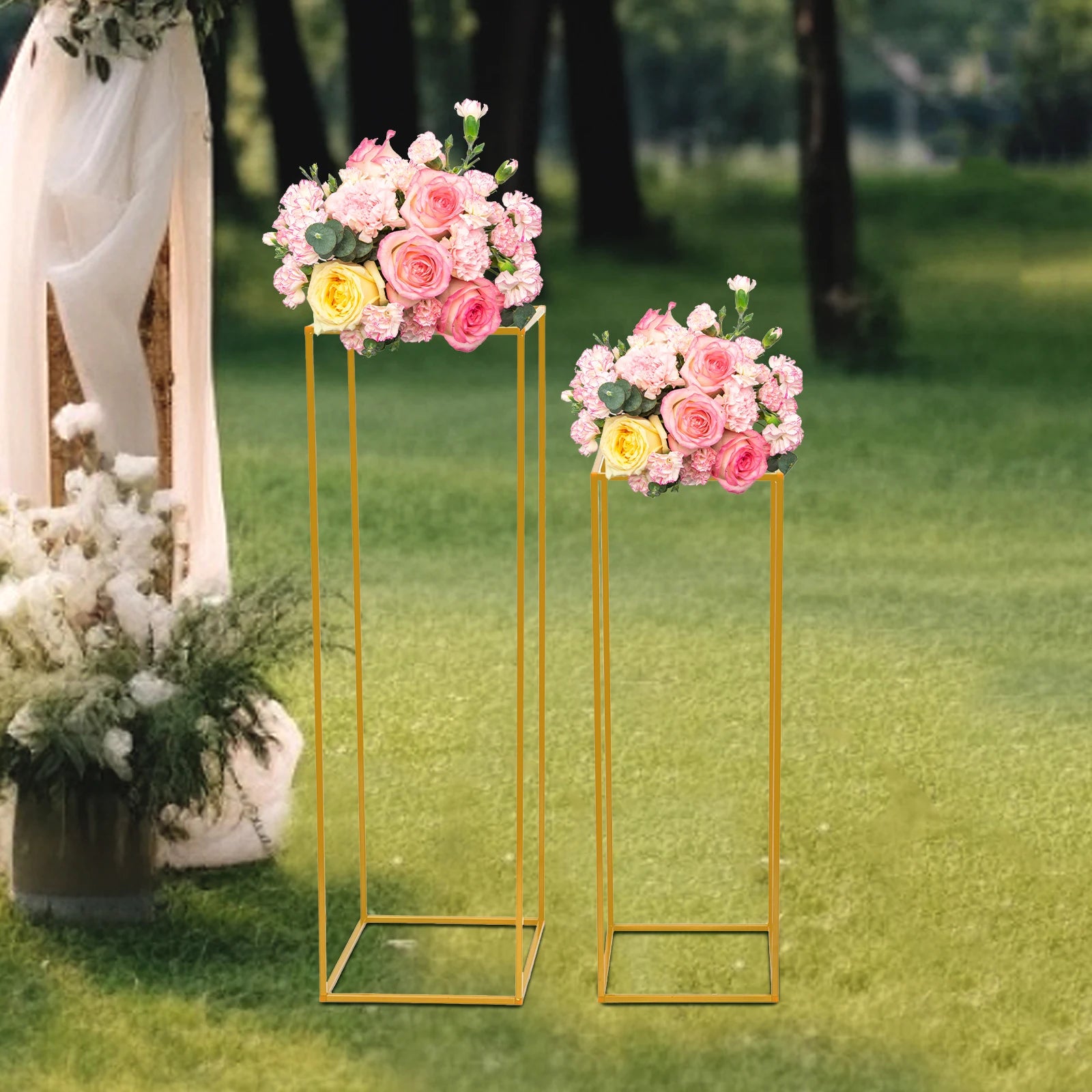 2Pcs Tabletop Flower Stands Metal Square Floral Decor Vase Floor Column Holder Gold Display Rack Road Guide for Wedding Party