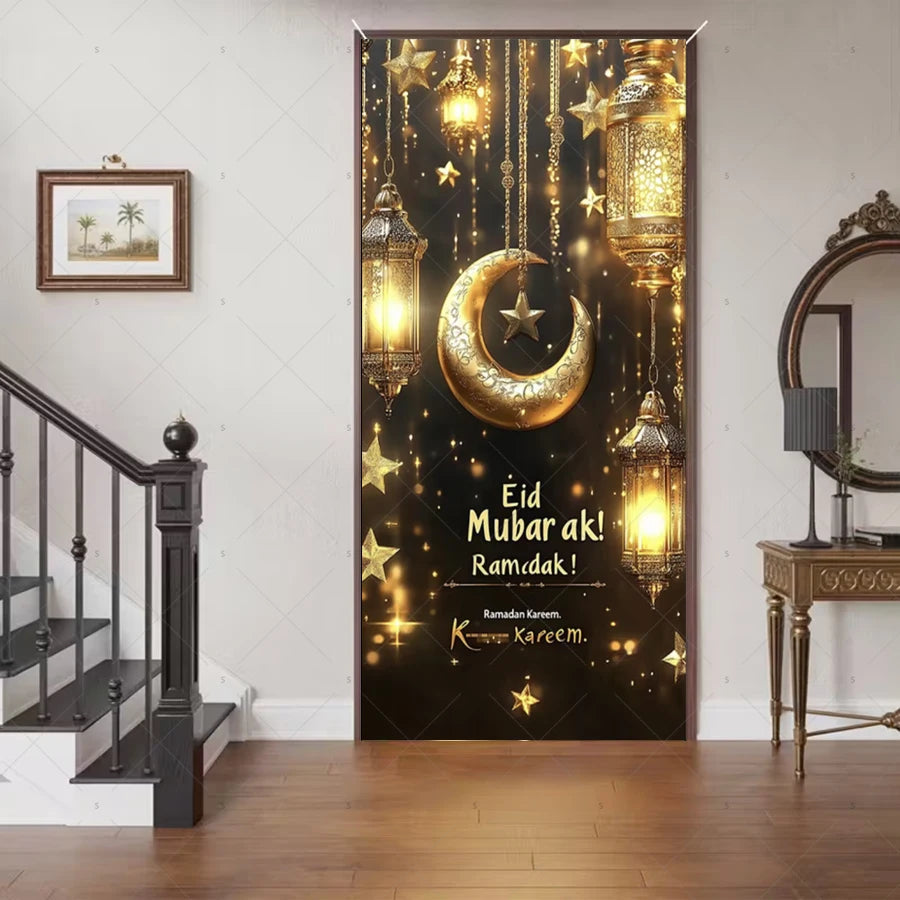 Ramadan Eid Door Cover Backdrop Supplies Moon Mosque Background Islamic Muslim Festival Theme Party Decoration Photography Props