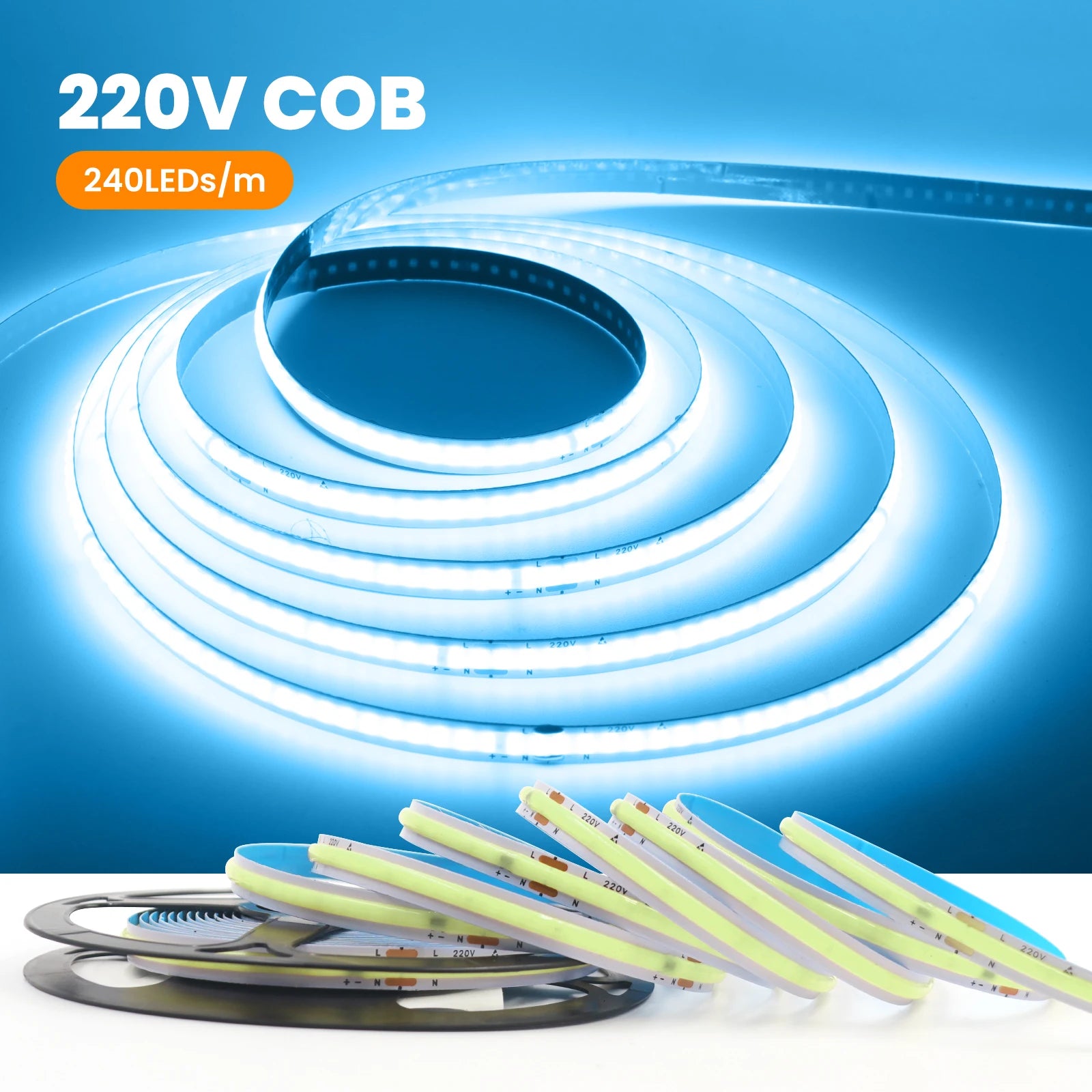 AC 220V COB Strip 240Leds/M 5M 10M 20M 50M/Roll Red/Green/Ice Blue/Pink/White/Purple Flexible Ribbon LED Light For Home Decor