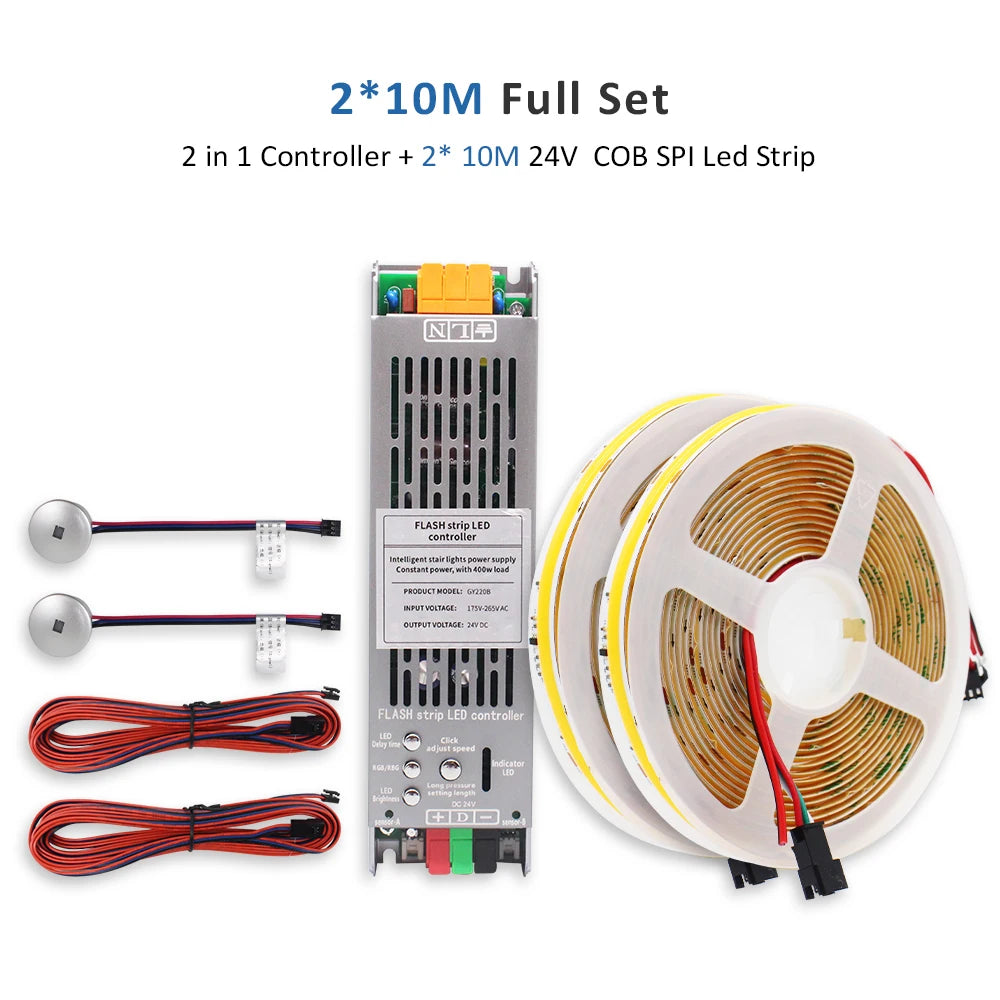 5M 10M 15M WS2811 COB Running Water Strip Light for 24V 400W PIR Motion Sensor LED Stair Controller Staircase Lighting Decor