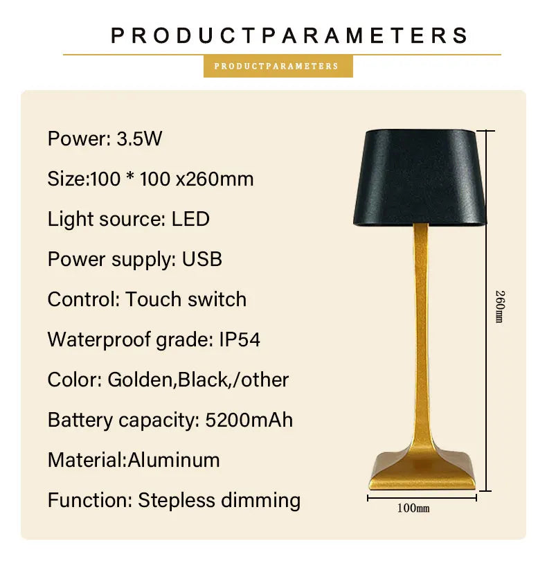 Home and hotel decoration Nordic luxury wireless dimmable portable rechargeable table lamp in gold and black
